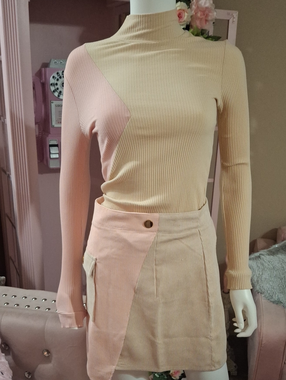 Blush Pink & Cream Colorblock Turtleneck Top and Mini Skirt Set  NWT  Size S